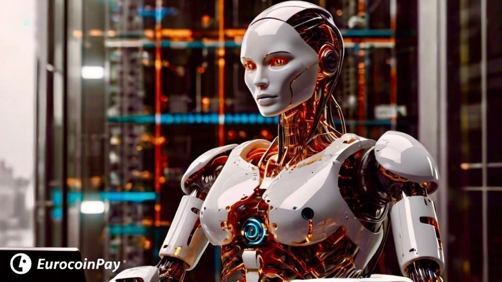 Robot femenino IA crypto (robótica inteligencia artificial ámbito criptomonedas)