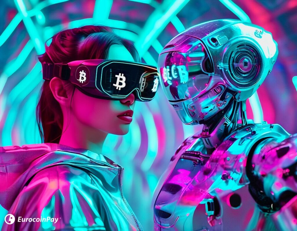 Pagos silenciosos o silent payments en Bitcoin mujer con gafas realidad virtual y robot